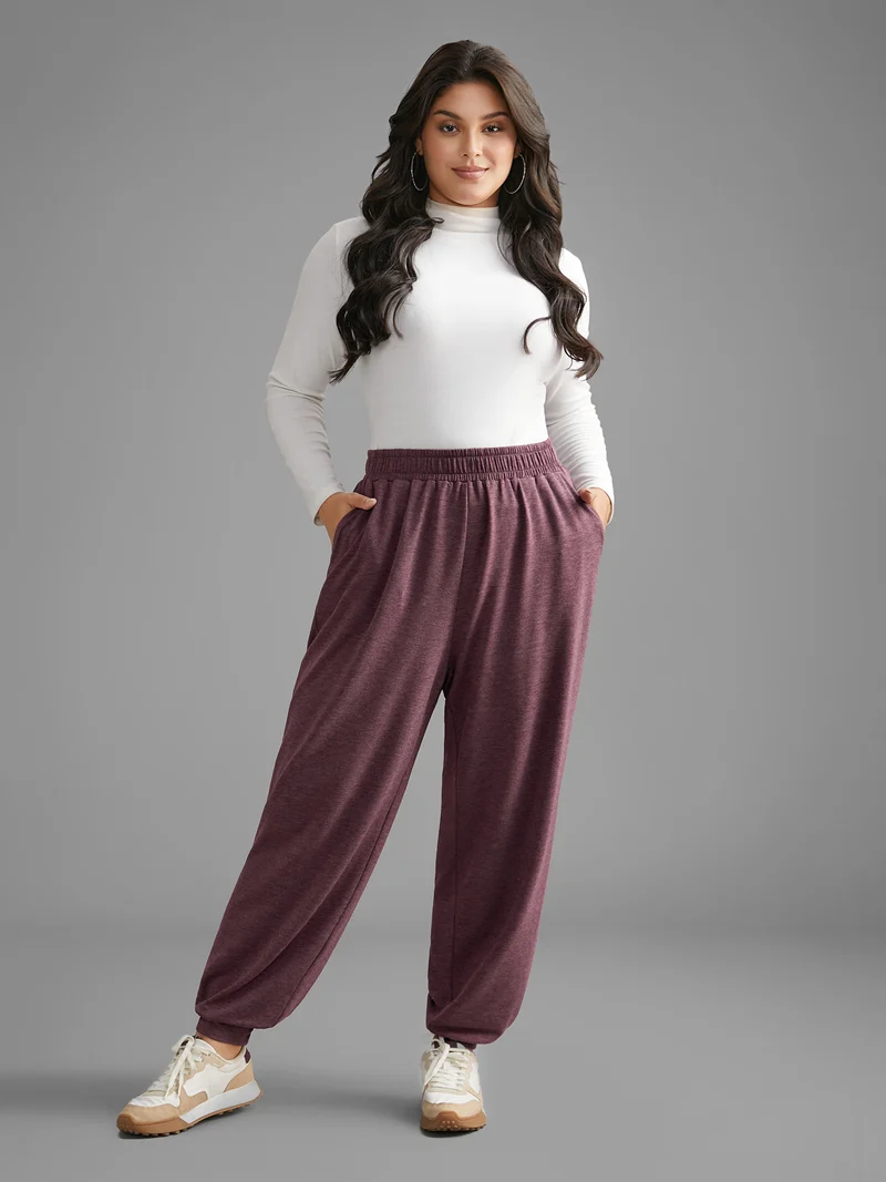 Heather Elastic Waist Mid Rise Pants
