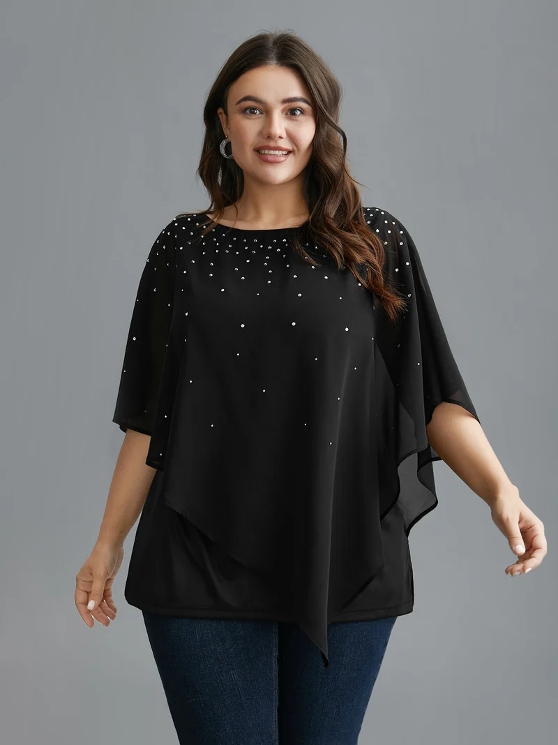 Rhinestone Asymmetrical Hem Ruffle Sleeve Blouse