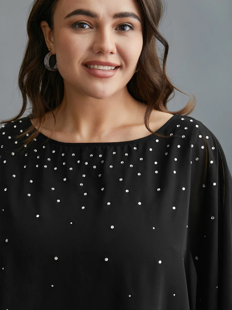 Rhinestone Asymmetrical Hem Ruffle Sleeve Blouse