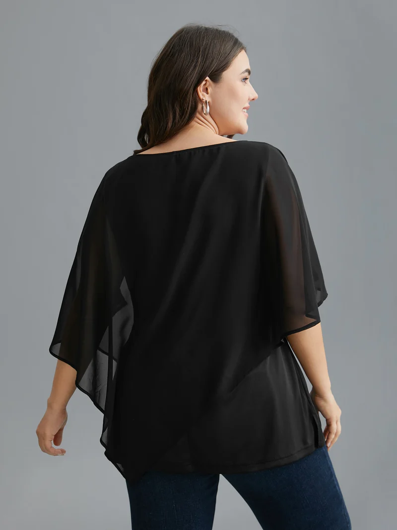 Rhinestone Asymmetrical Hem Ruffle Sleeve Blouse