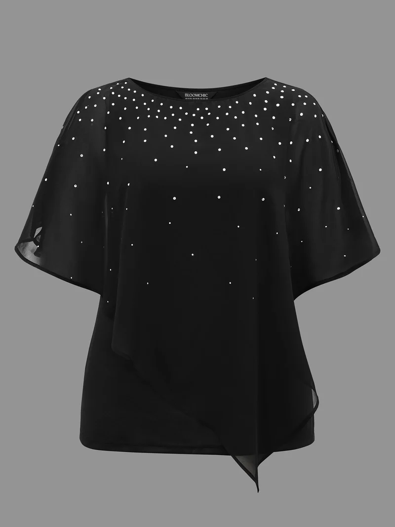 Rhinestone Asymmetrical Hem Ruffle Sleeve Blouse