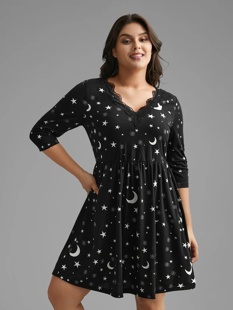 Moon & Star Print Lace Trim Sleep Dress