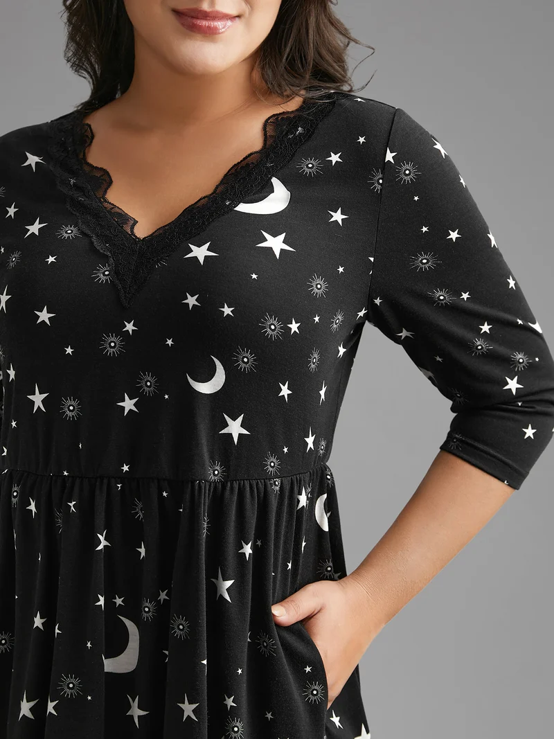 Moon & Star Print Lace Trim Sleep Dress
