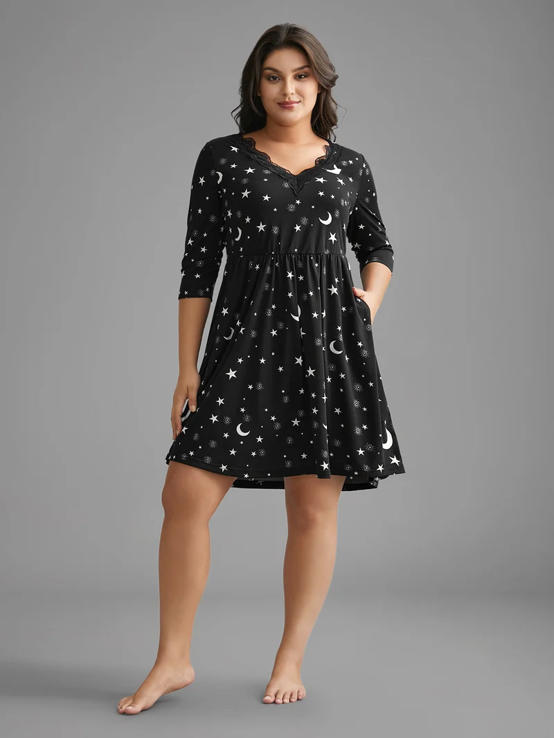 Moon & Star Print Lace Trim Sleep Dress