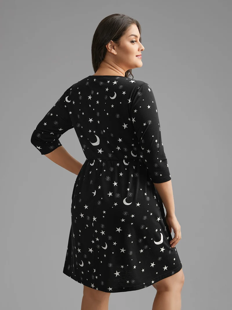 Moon & Star Print Lace Trim Sleep Dress