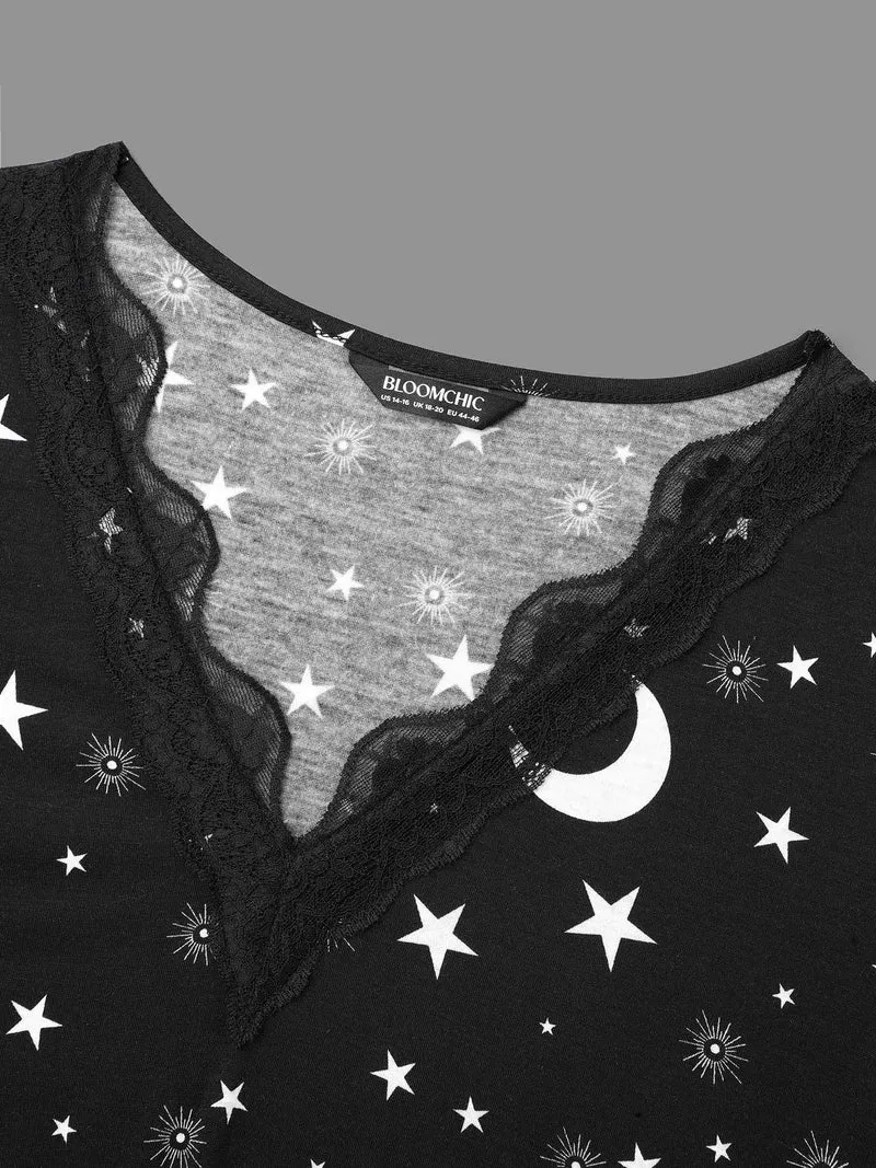 Moon & Star Print Lace Trim Sleep Dress