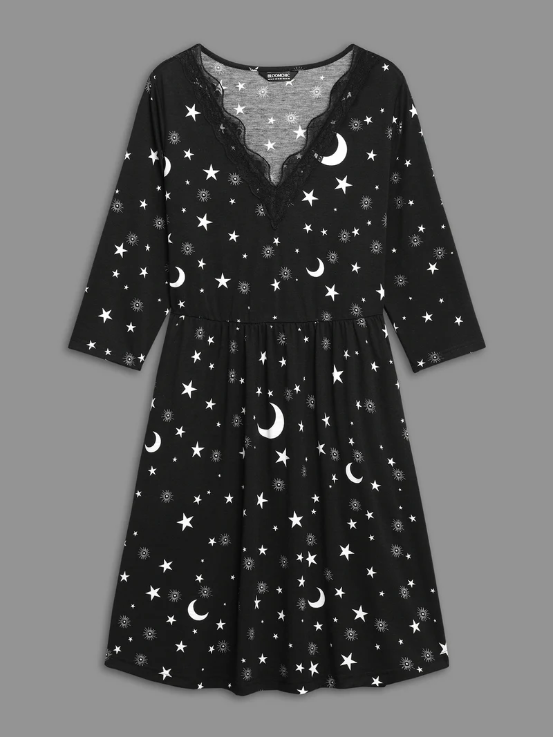 Moon & Star Print Lace Trim Sleep Dress