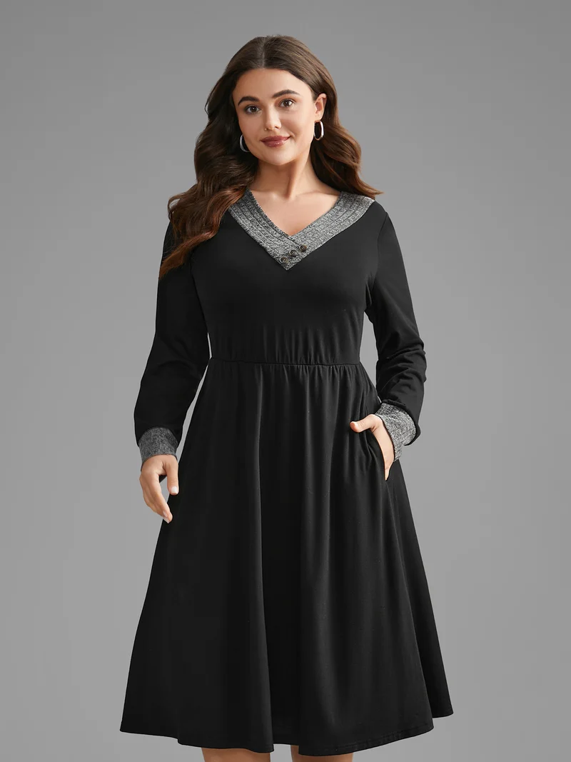 Textured Patchwork Button Detail Midi Dress
