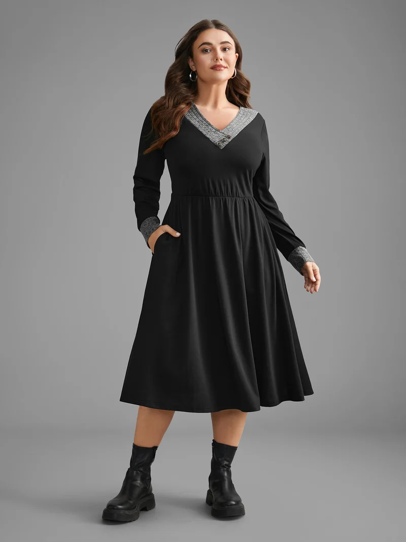 Textured Patchwork Button Detail Midi Dress