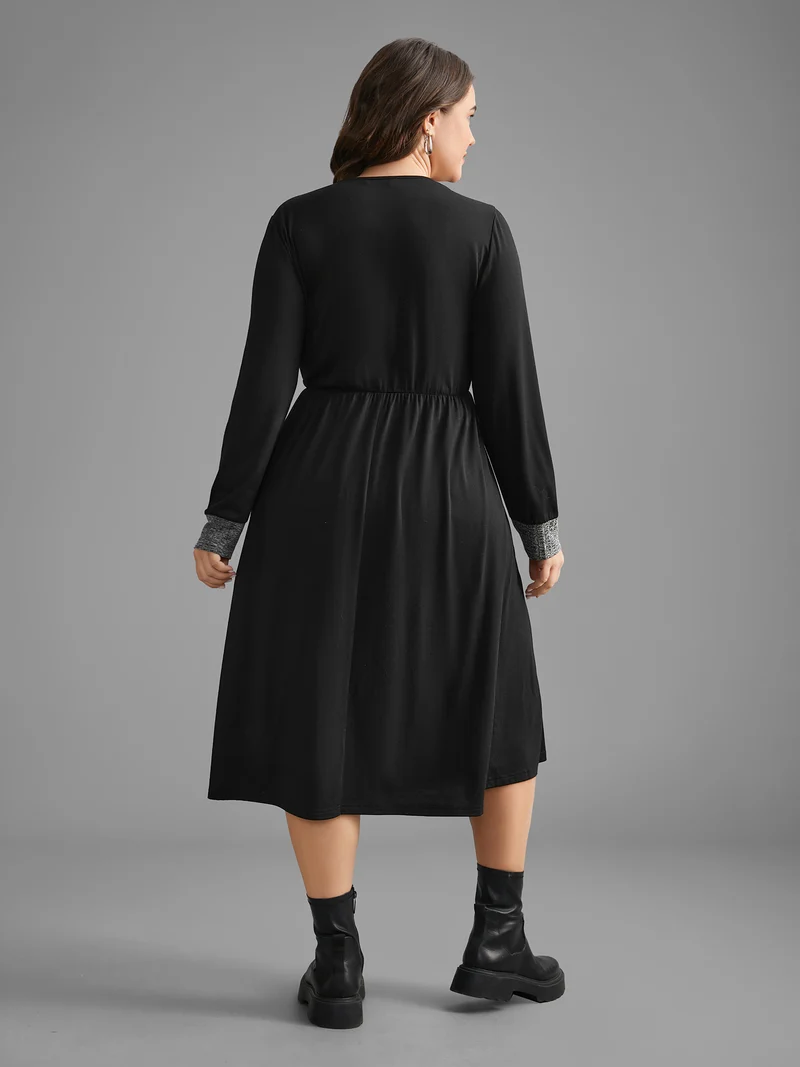 Textured Patchwork Button Detail Midi Dress