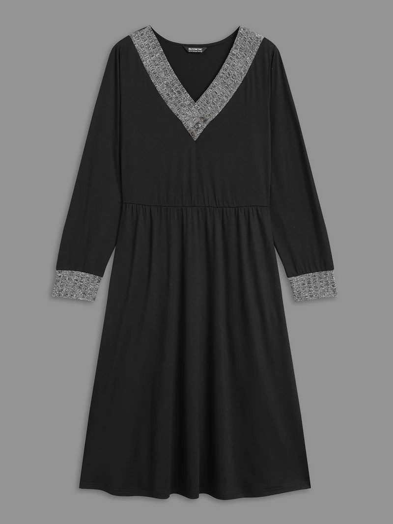 Textured Patchwork Button Detail Midi Dress