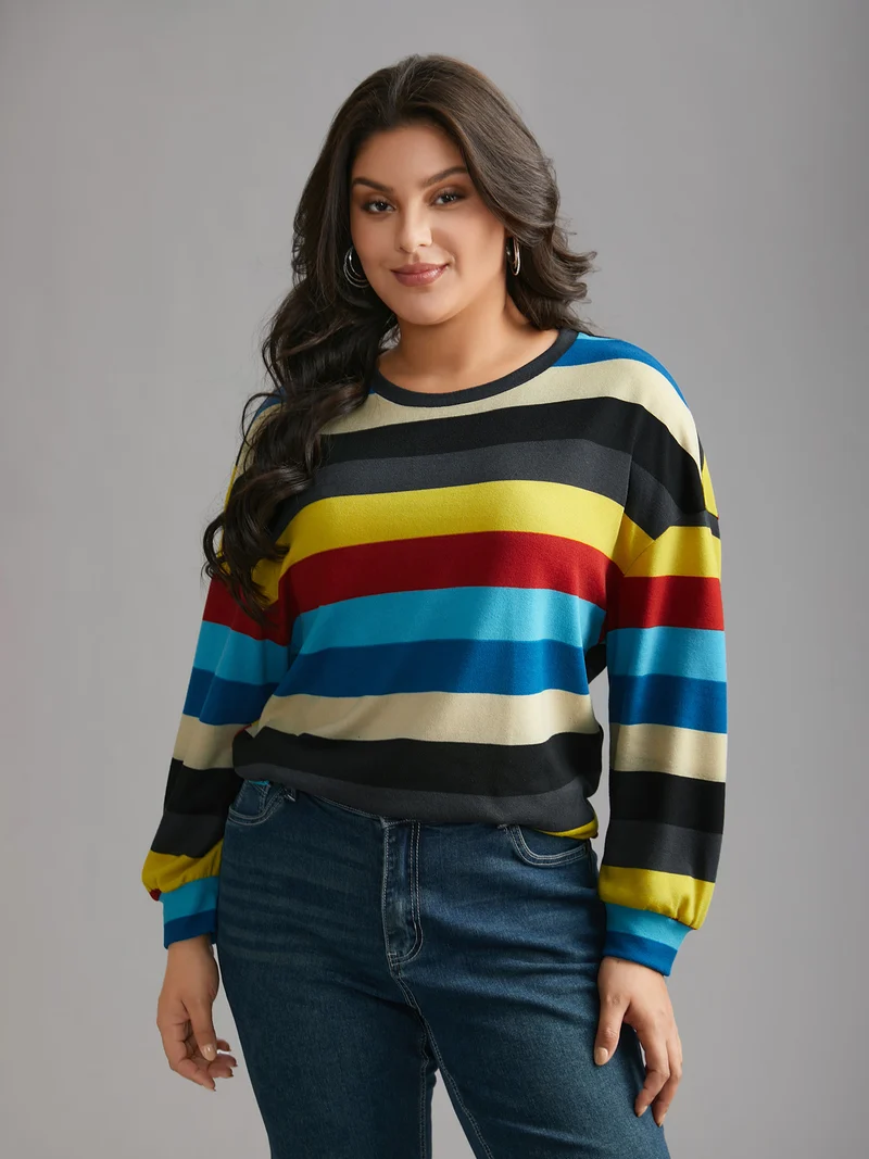 Multi-Color Striped Stretchy Crew Neck T-shirt