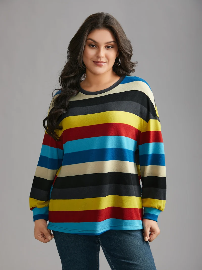 Multi-Color Striped Stretchy Crew Neck T-shirt