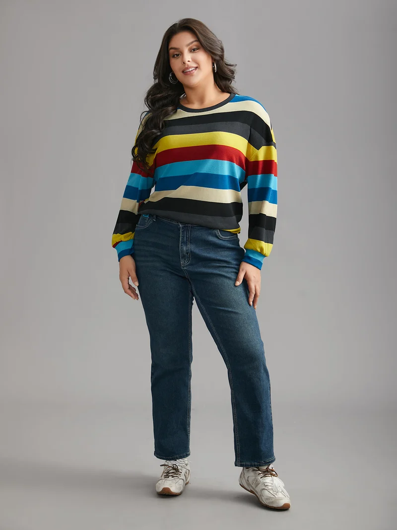 Multi-Color Striped Stretchy Crew Neck T-shirt