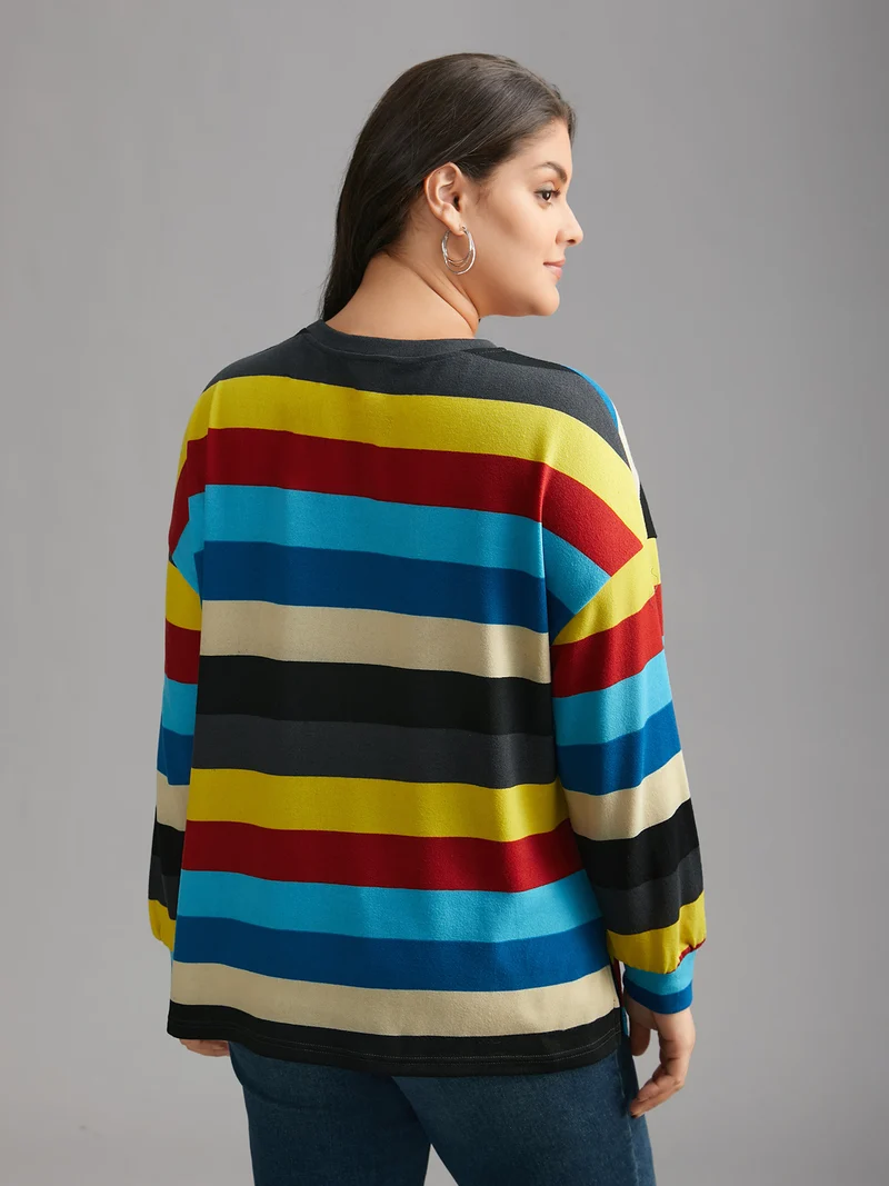 Multi-Color Striped Stretchy Crew Neck T-shirt