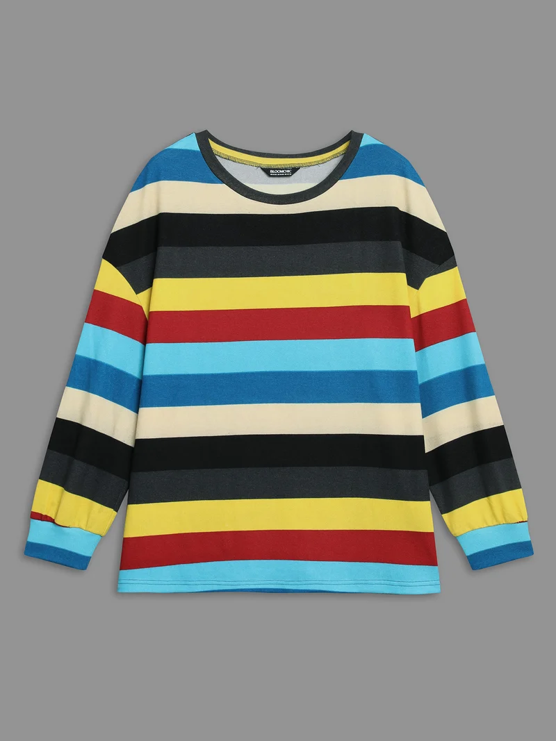 Multi-Color Striped Stretchy Crew Neck T-shirt