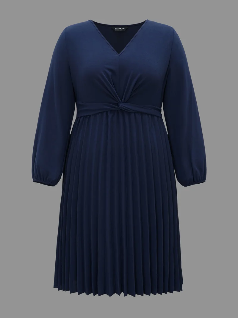 V Neck Twist Front Pleated Dress