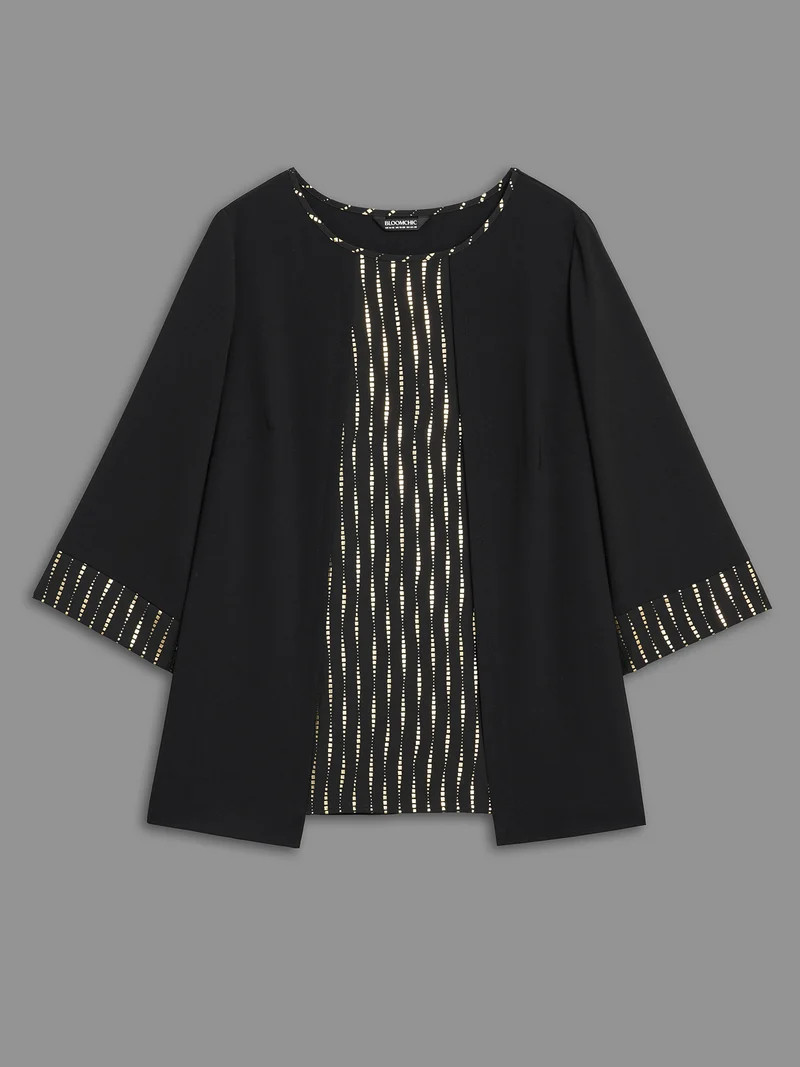 Crew Neck Glitter Patchwork Contrast Blouse