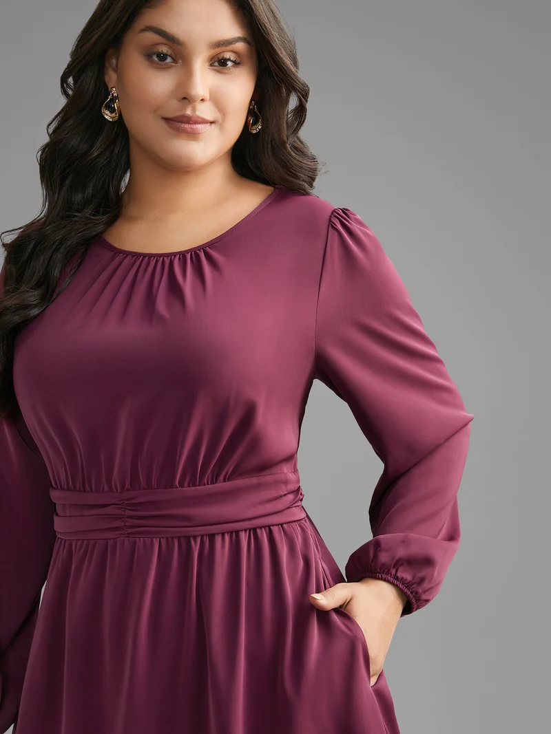 Solid Gathered Lantern Sleeve Midi Dress