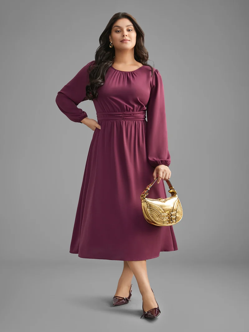Solid Gathered Lantern Sleeve Midi Dress