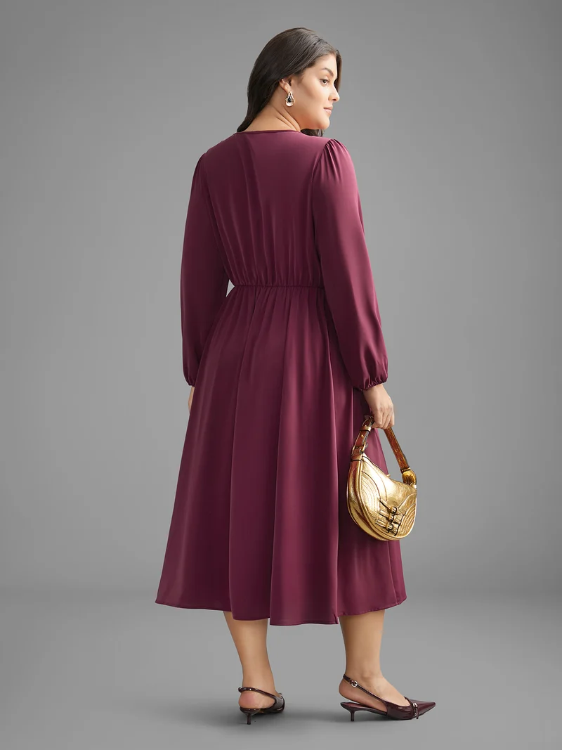 Solid Gathered Lantern Sleeve Midi Dress