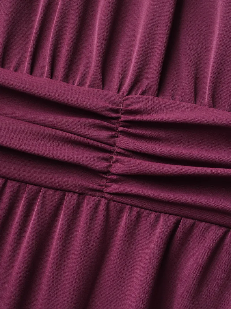 Solid Gathered Lantern Sleeve Midi Dress
