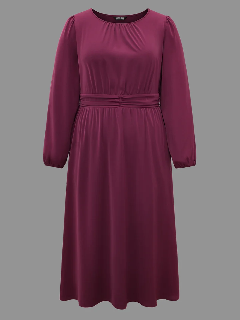 Solid Gathered Lantern Sleeve Midi Dress