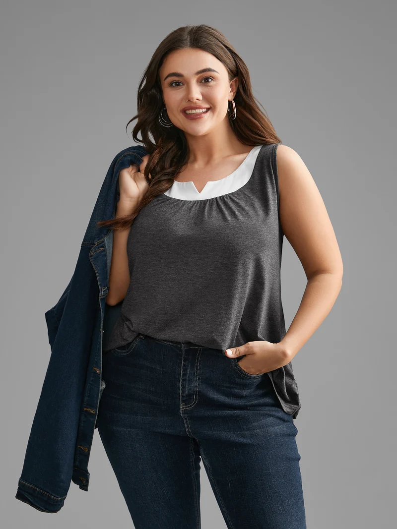 Notched Collar Contrast Patchwork Gathered Tank Top