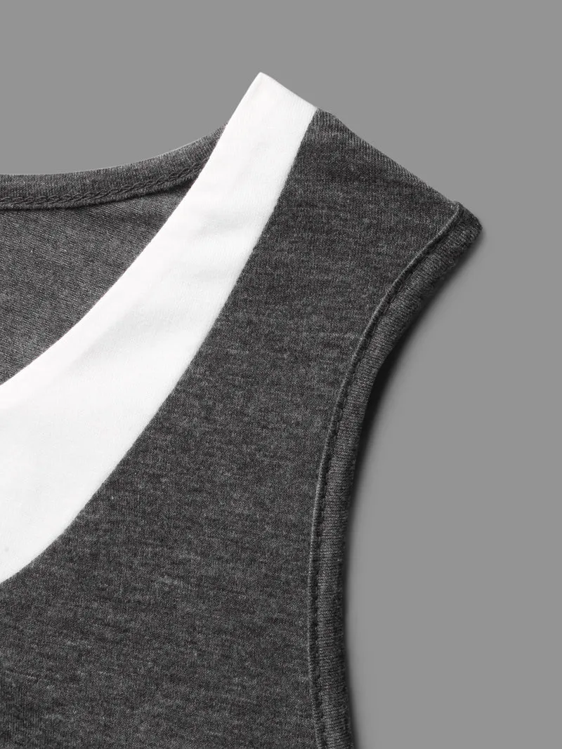 Notched Collar Contrast Patchwork Gathered Tank Top