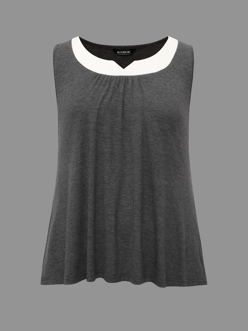 Notched Collar Contrast Patchwork Gathered Tank Top
