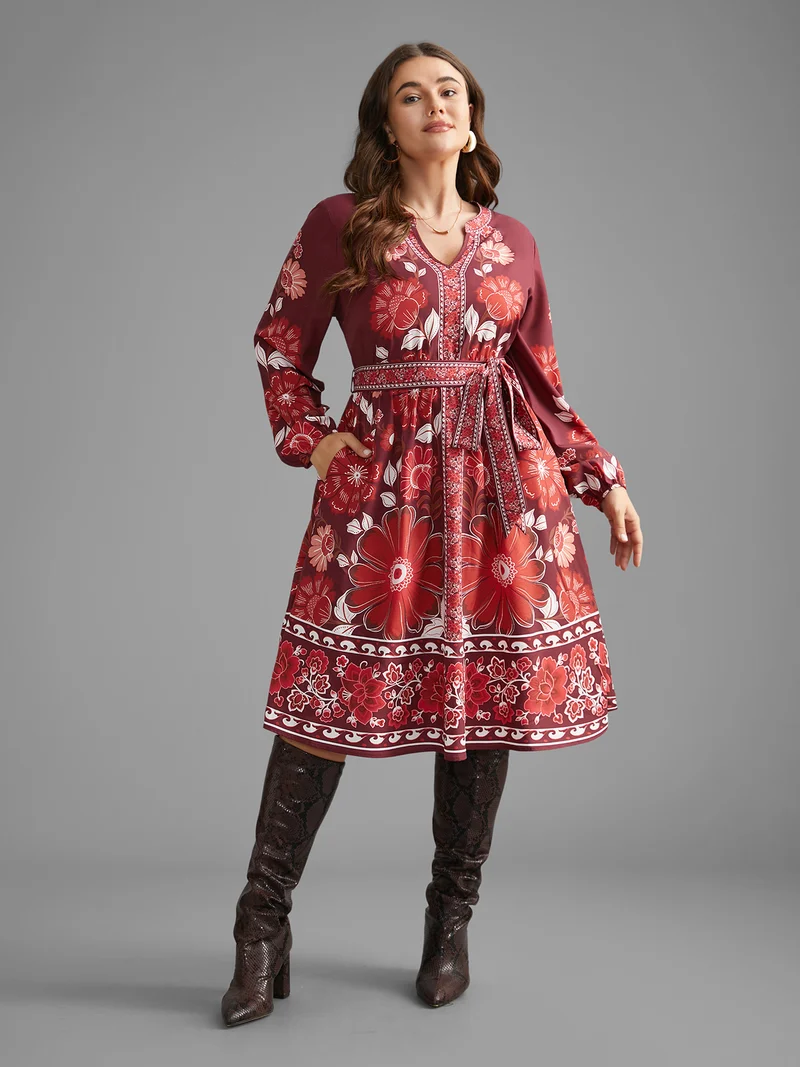 Boho Print Belted Lantern Sleeve Dress