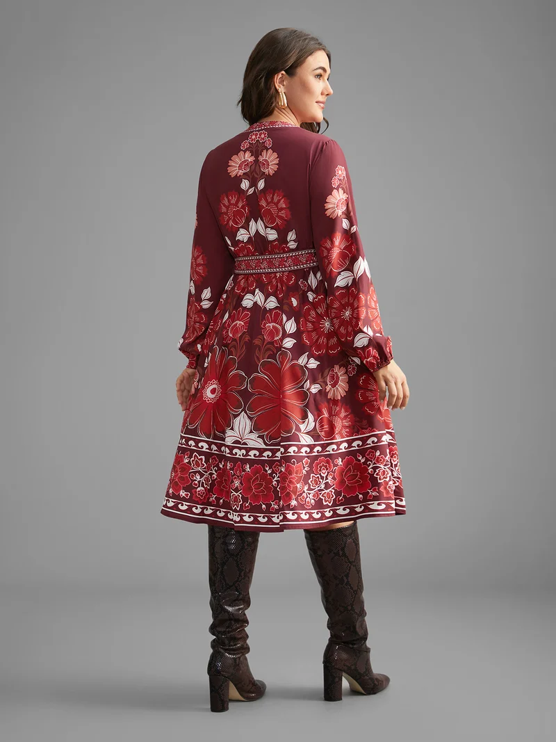 Boho Print Belted Lantern Sleeve Dress