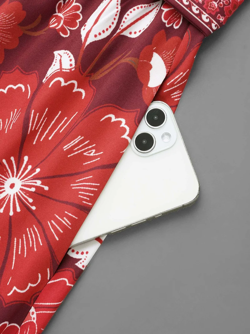 Boho Print Belted Lantern Sleeve Dress