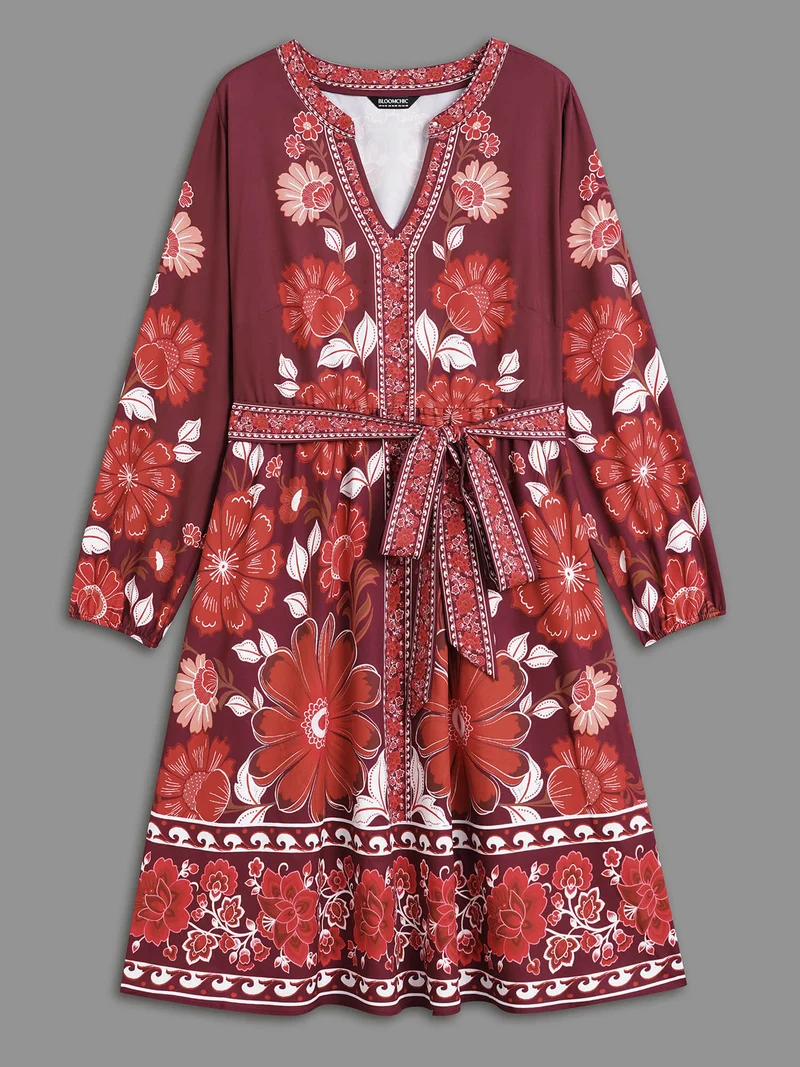 Boho Print Belted Lantern Sleeve Dress