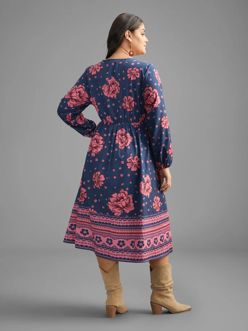 Boho Print V Neck Elastic Waist Dress
