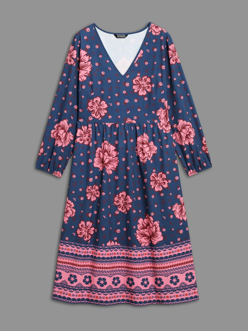 Boho Print V Neck Elastic Waist Dress