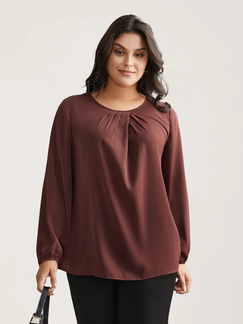 Solid Crew Neck Lantern Sleeve Blouse