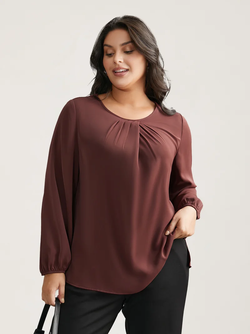 Solid Crew Neck Lantern Sleeve Blouse