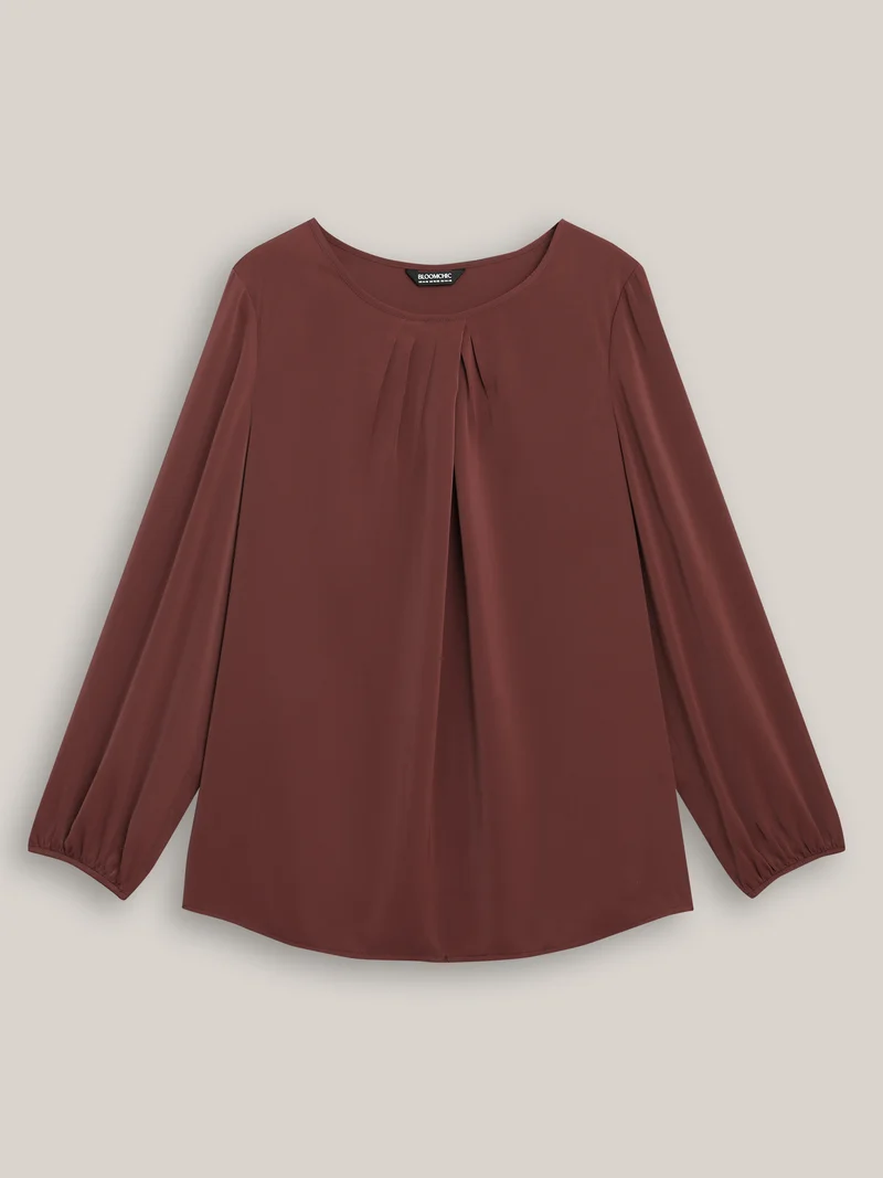 Solid Crew Neck Lantern Sleeve Blouse