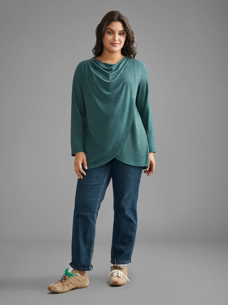 Cowl Neck Plain Wrap Hem T-shirt