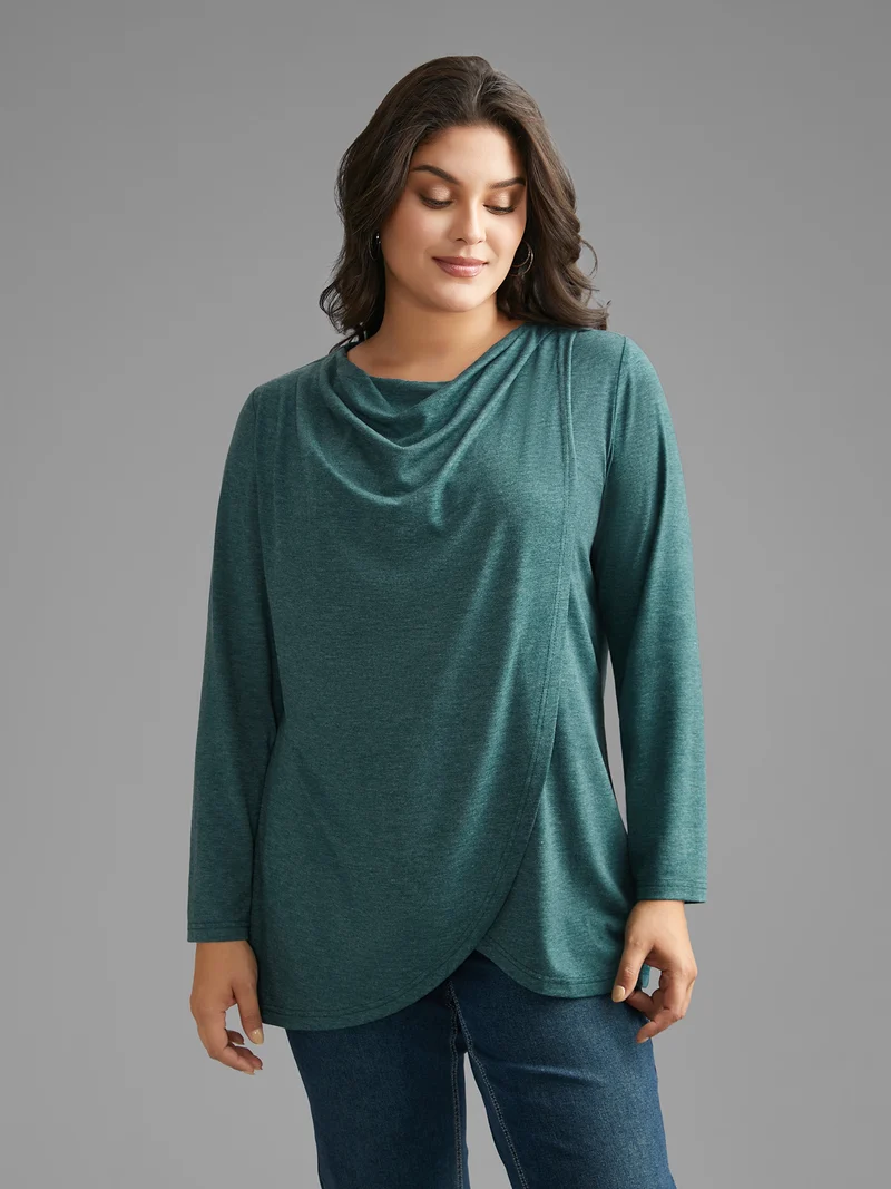 Cowl Neck Plain Wrap Hem T-shirt