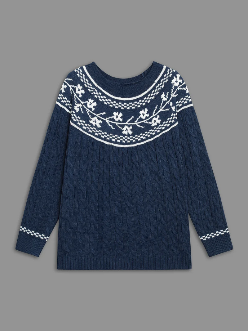 Floral Cable Knit Raglan Sleeve Pullover