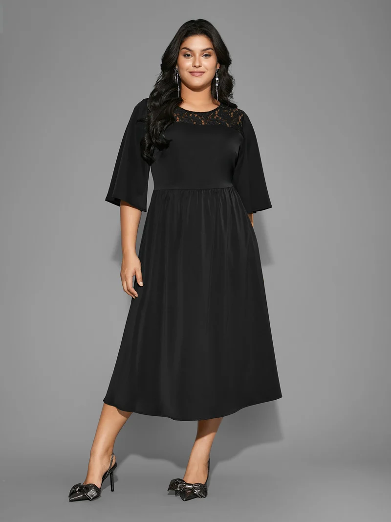 Lace Panel Elastic Waist Ruffle Sleeve Dress