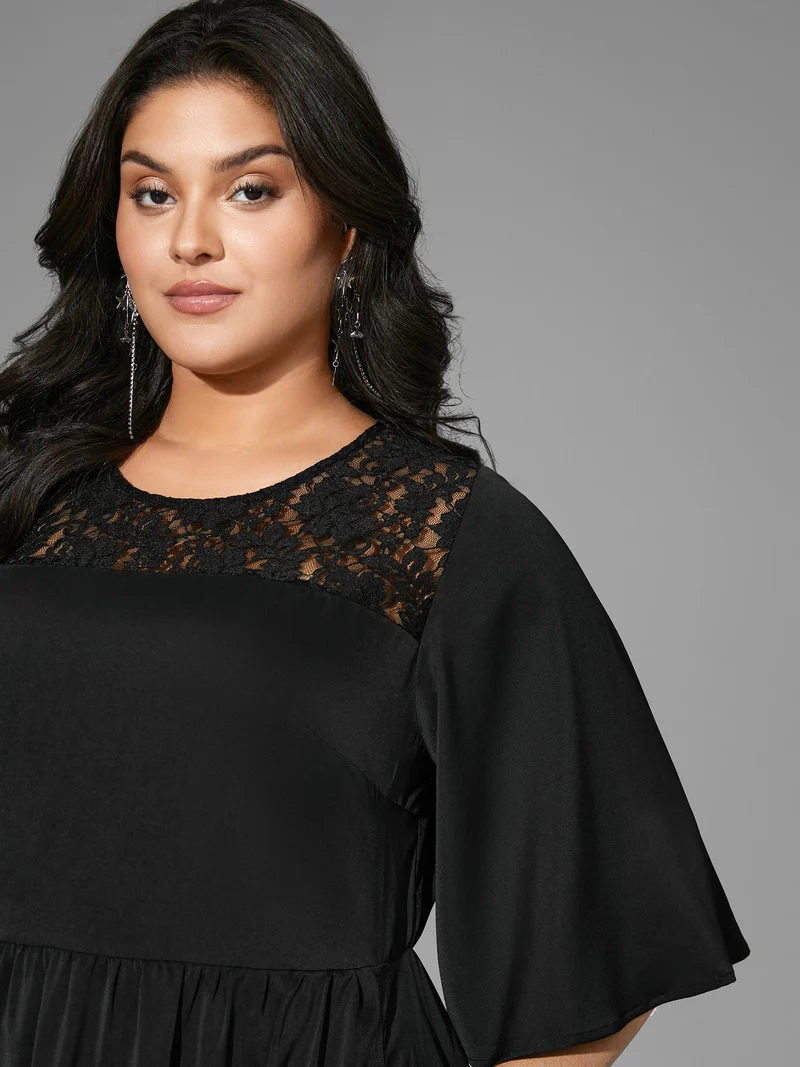 Lace Panel Elastic Waist Ruffle Sleeve Dress