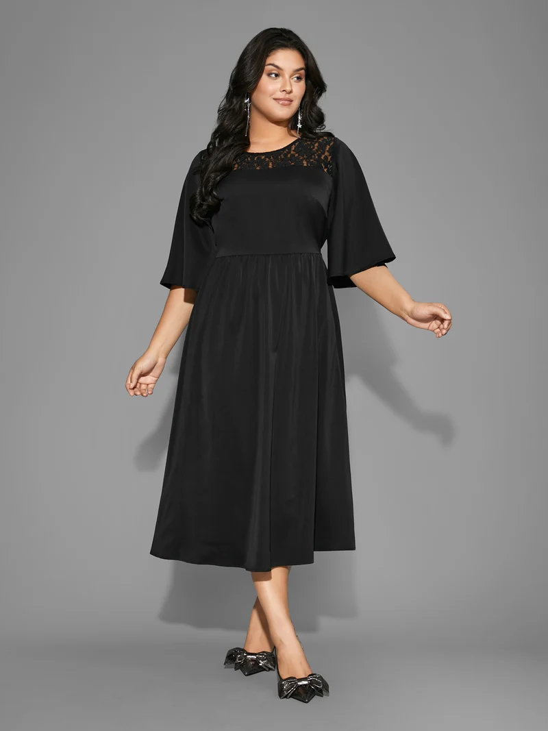 Lace Panel Elastic Waist Ruffle Sleeve Dress