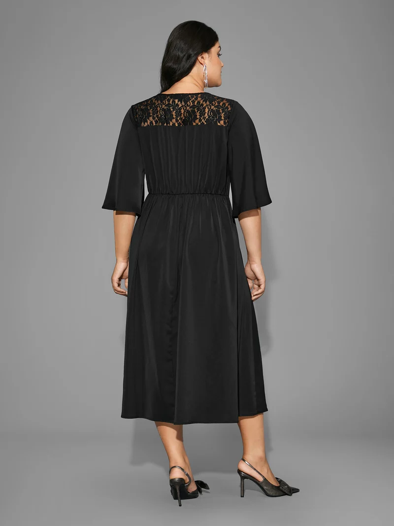 Lace Panel Elastic Waist Ruffle Sleeve Dress