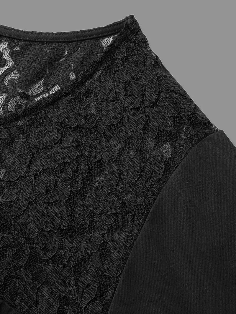 Lace Panel Elastic Waist Ruffle Sleeve Dress