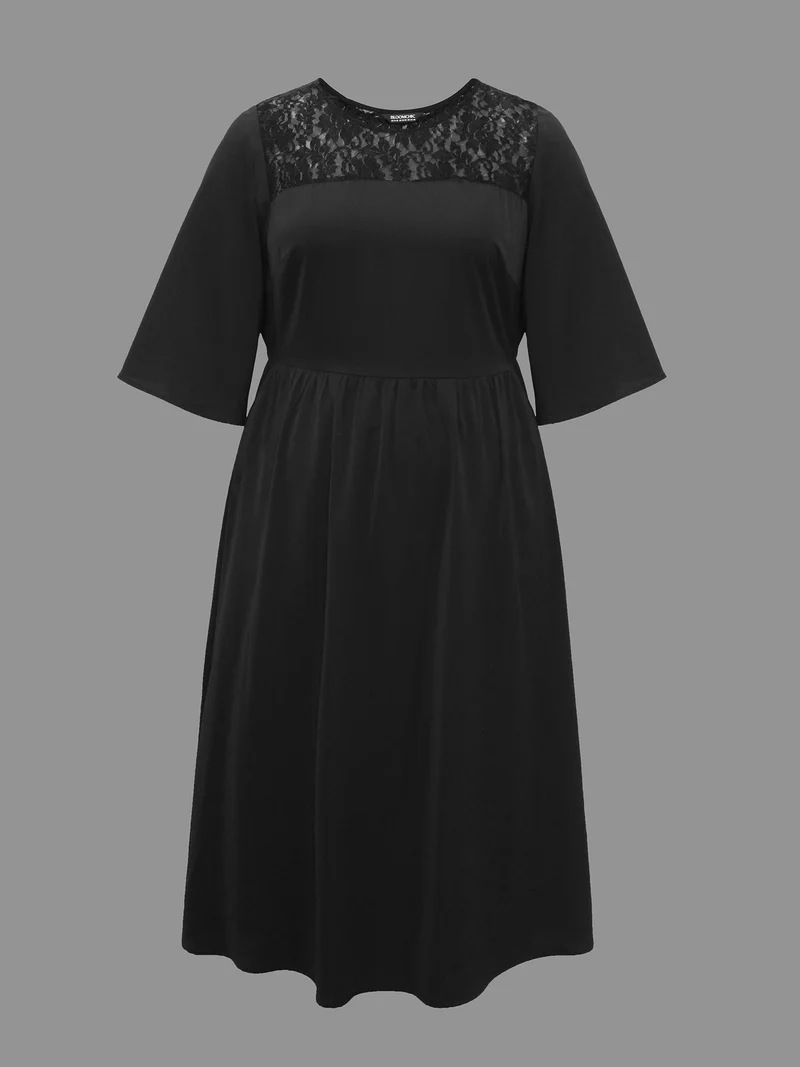 Lace Panel Elastic Waist Ruffle Sleeve Dress