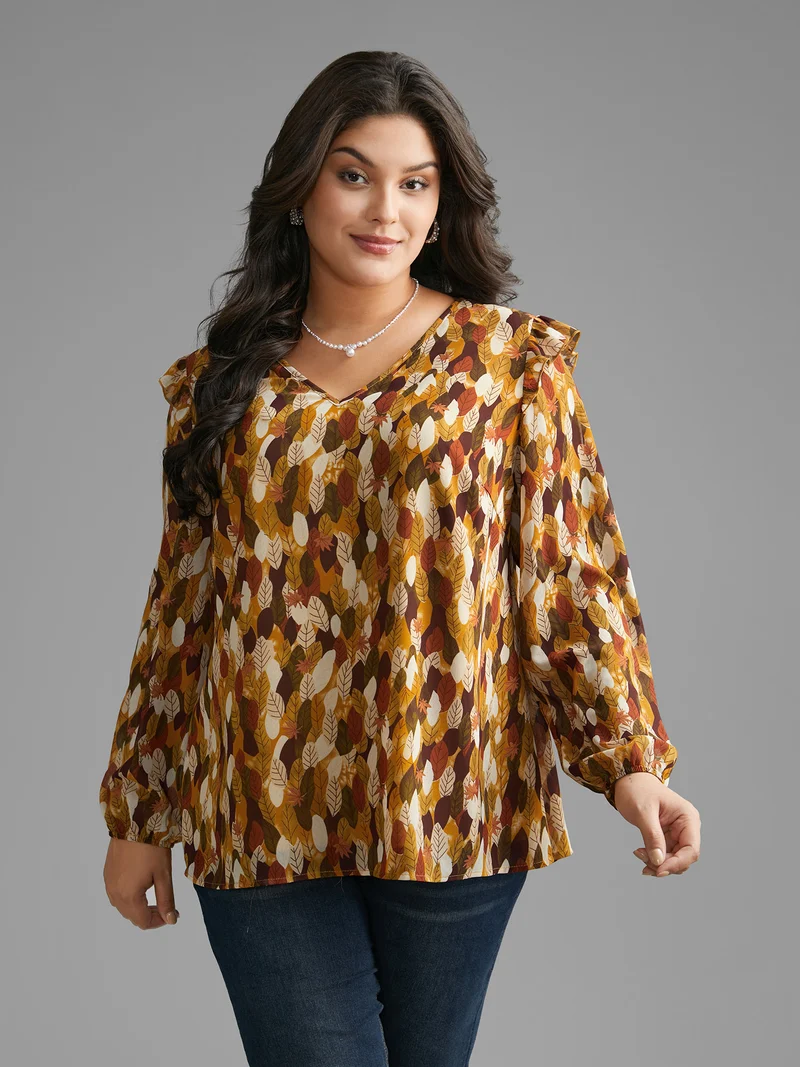 Leaves Print Ruffle Trim Slit Hem Blouse