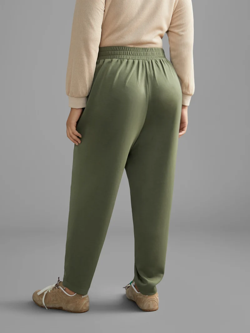 Solid Elastic Waist Mid Rise Pants
